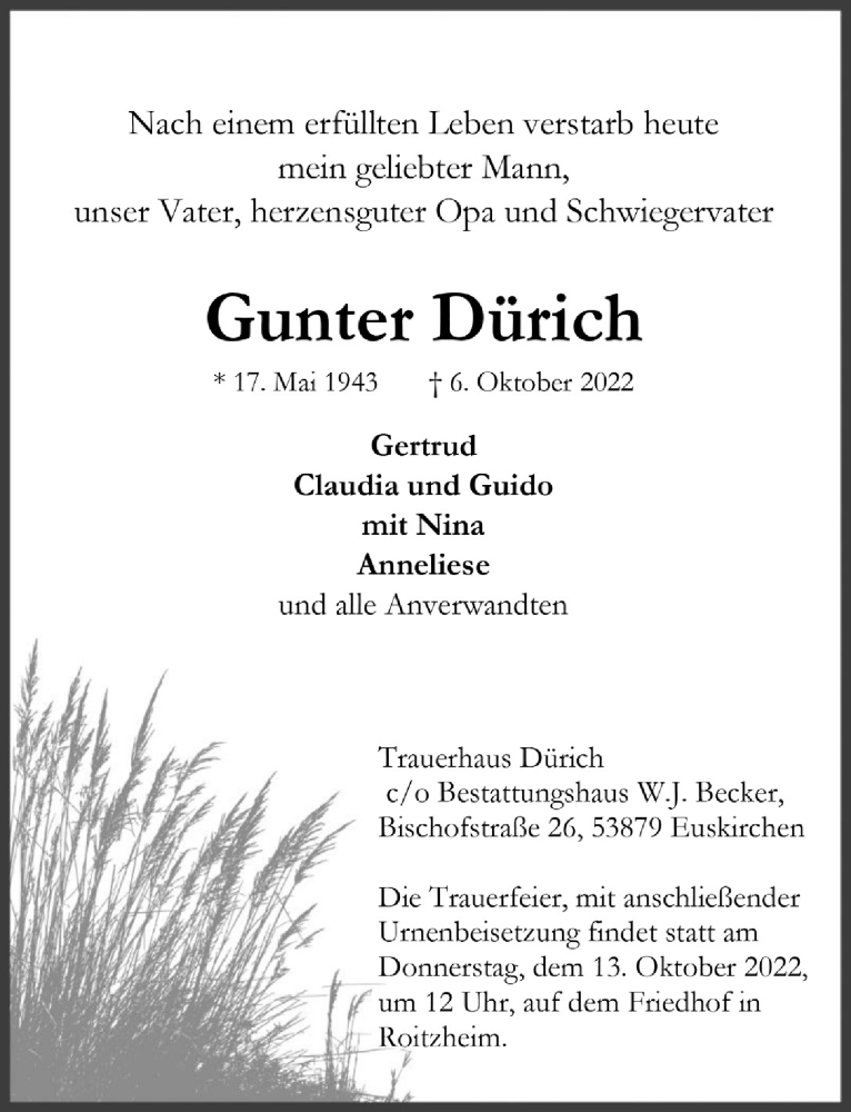  Traueranzeige für Gunter Dürich vom 08.10.2022 aus  Blickpunkt Euskirchen 