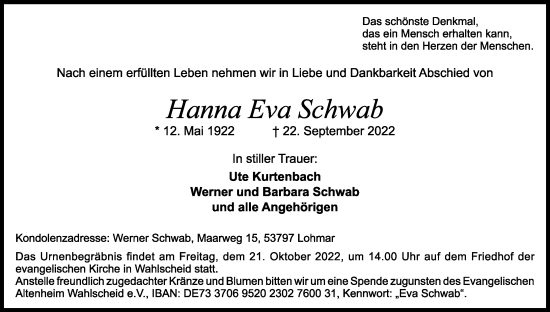 Anzeige von Hanna Eva Schwab von Kölner Stadt-Anzeiger / Kölnische Rundschau / Express