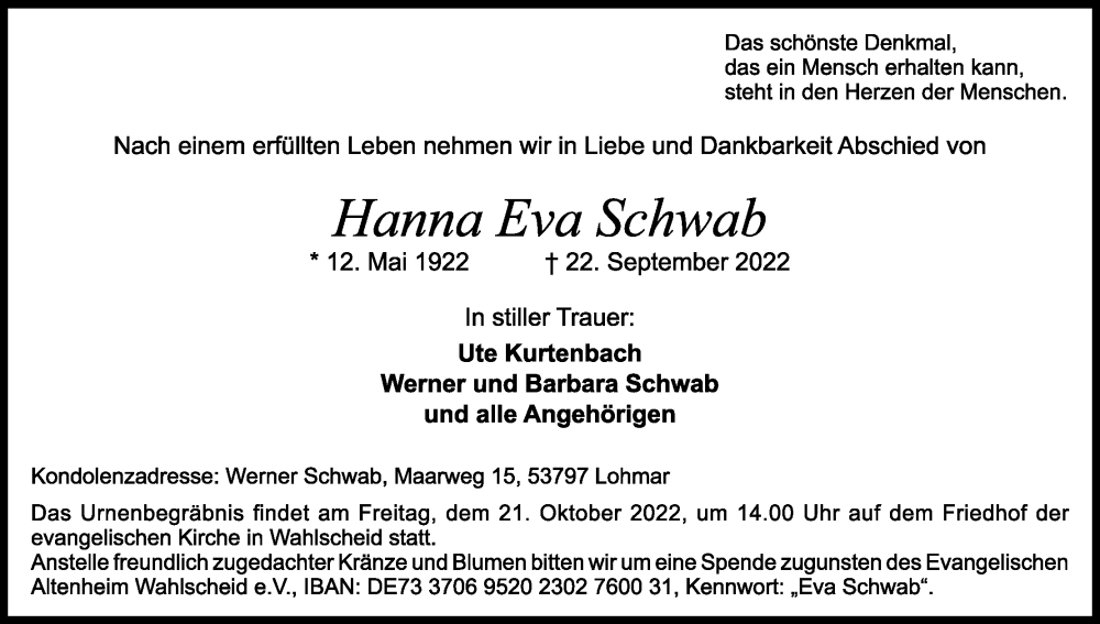  Traueranzeige für Hanna Eva Schwab vom 08.10.2022 aus Kölner Stadt-Anzeiger / Kölnische Rundschau / Express