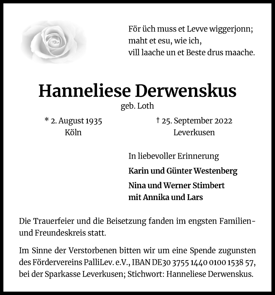  Traueranzeige für Hanneliese Derwenskus vom 22.10.2022 aus Kölner Stadt-Anzeiger / Kölnische Rundschau / Express