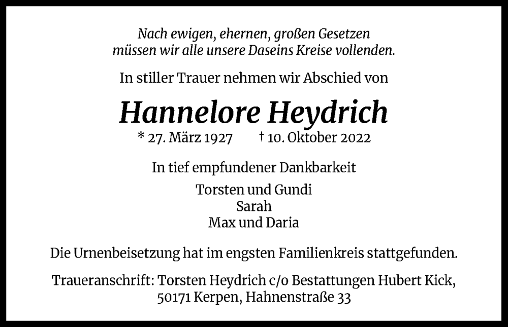  Traueranzeige für Hannelore Heydrich vom 22.10.2022 aus Kölner Stadt-Anzeiger / Kölnische Rundschau / Express