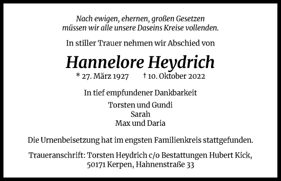 Anzeige von Hannelore Heydrich von Kölner Stadt-Anzeiger / Kölnische Rundschau / Express