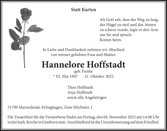 Anzeige von Hannelore Hoffstadt von  Anzeigen Echo 