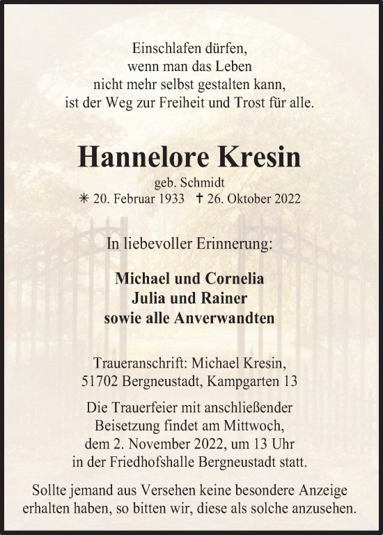 Anzeige von Hannelore Kresin von Kölner Stadt-Anzeiger / Kölnische Rundschau / Express