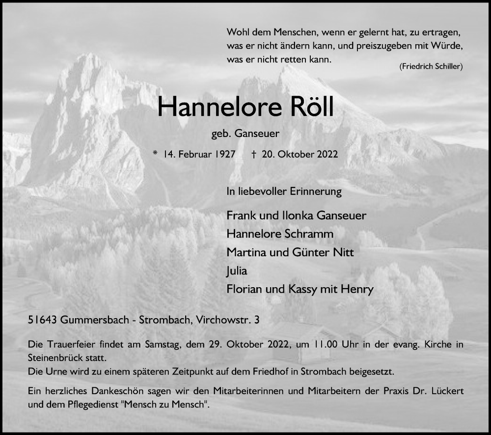  Traueranzeige für Hannelore Röll vom 26.10.2022 aus Kölner Stadt-Anzeiger / Kölnische Rundschau / Express