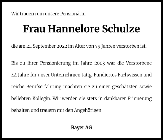 Anzeige von Hannelore Schulze von Kölner Stadt-Anzeiger / Kölnische Rundschau / Express