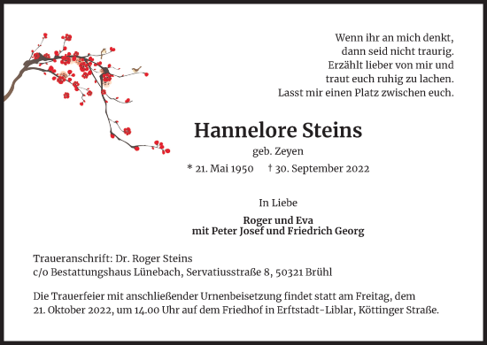 Anzeige von Hannelore Steins von Kölner Stadt-Anzeiger / Kölnische Rundschau / Express