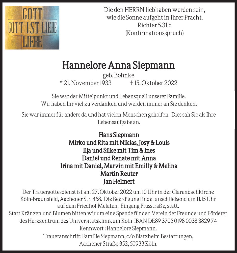  Traueranzeige für Hannelore Anna Siepmann vom 22.10.2022 aus Kölner Stadt-Anzeiger / Kölnische Rundschau / Express