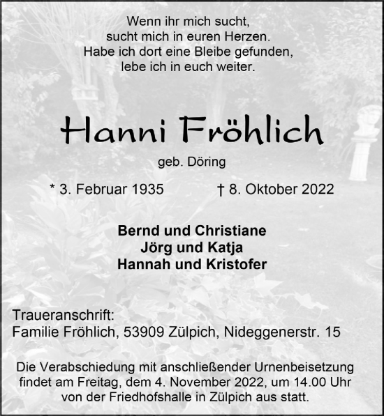 Anzeige von Hanni Fröhlich von  Blickpunkt Euskirchen 