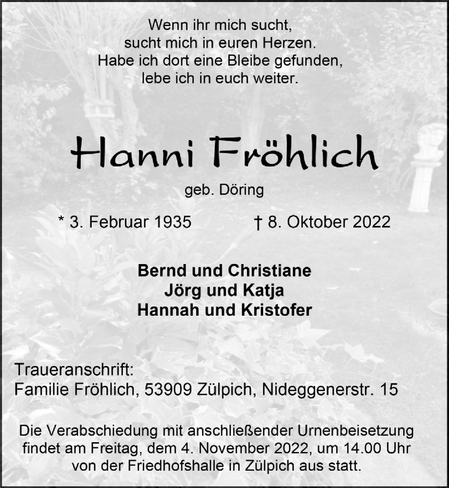  Traueranzeige für Hanni Fröhlich vom 29.10.2022 aus  Blickpunkt Euskirchen 