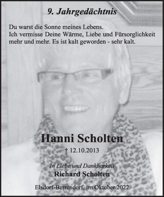 Anzeige von Hanni Scholten von  Werbepost 