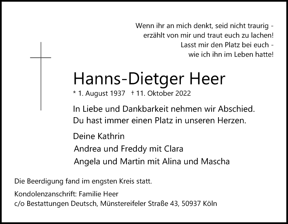  Traueranzeige für Hanns-Dietger Heer vom 22.10.2022 aus Kölner Stadt-Anzeiger / Kölnische Rundschau / Express