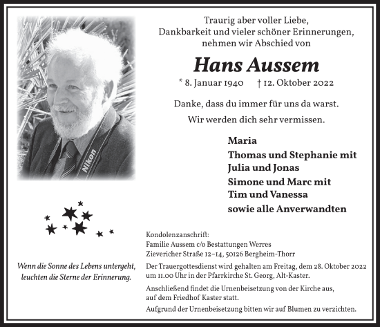 Anzeige von Hans Aussem von  Werbepost 