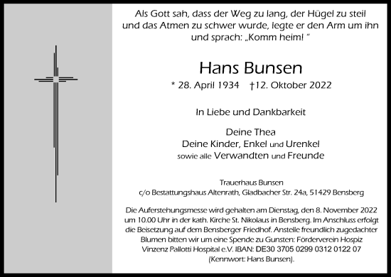 Anzeige von Hans Bunsen von Kölner Stadt-Anzeiger / Kölnische Rundschau / Express