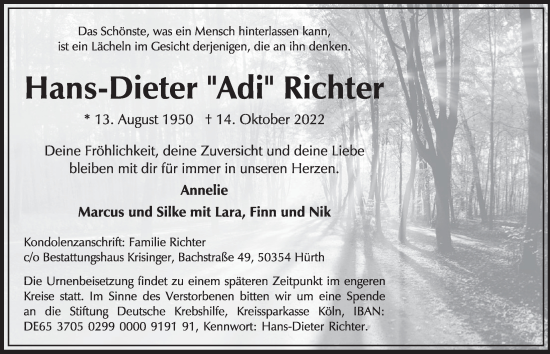 Anzeige von Hans-Dieter Richter von  Wochenende 