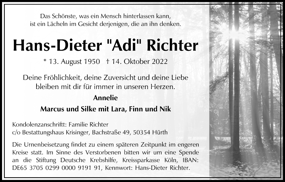  Traueranzeige für Hans-Dieter Richter vom 22.10.2022 aus Kölner Stadt-Anzeiger / Kölnische Rundschau / Express