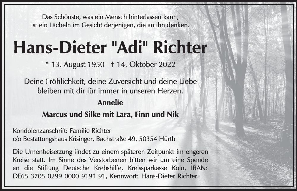  Traueranzeige für Hans-Dieter Richter vom 21.10.2022 aus  Wochenende 