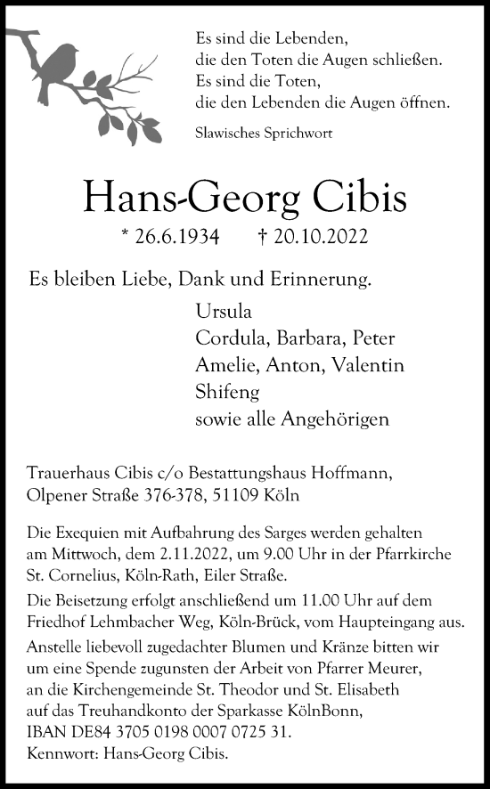 Anzeige von Hans-Georg Cibis von Kölner Stadt-Anzeiger / Kölnische Rundschau / Express