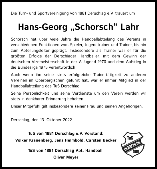 Anzeige von Hans-Georg  Lahr von Kölner Stadt-Anzeiger / Kölnische Rundschau / Express
