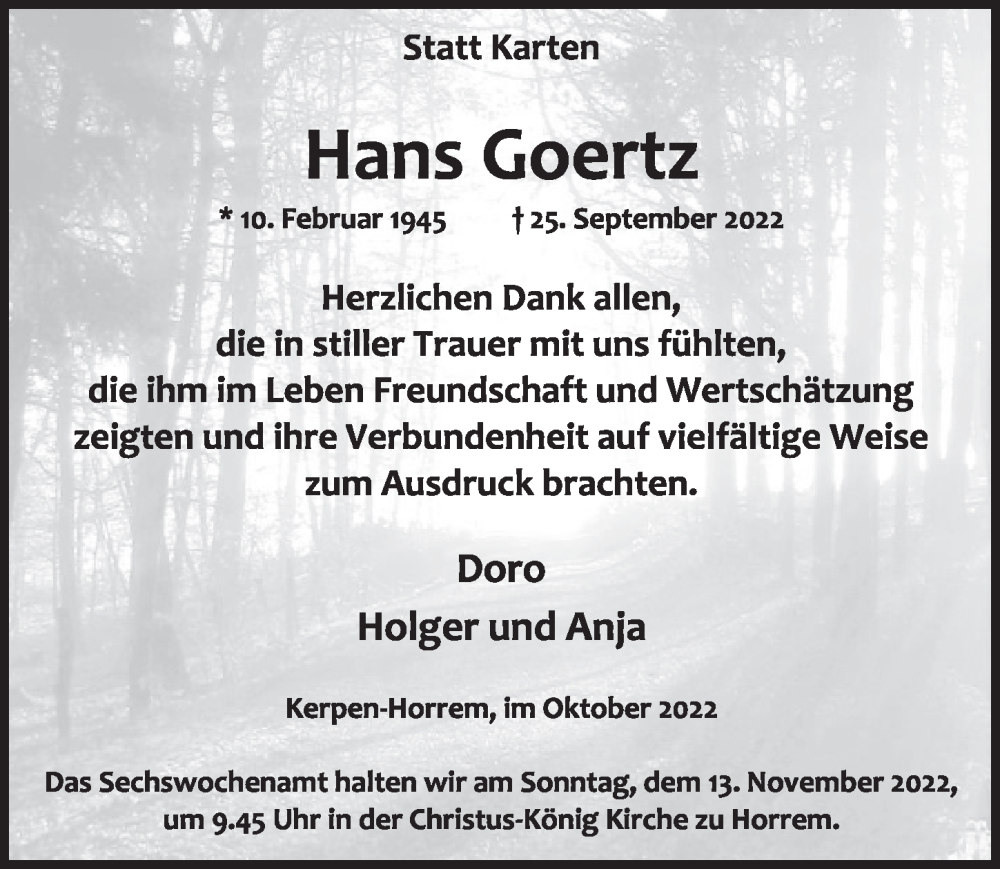  Traueranzeige für Hans Goertz vom 28.10.2022 aus  Werbepost 