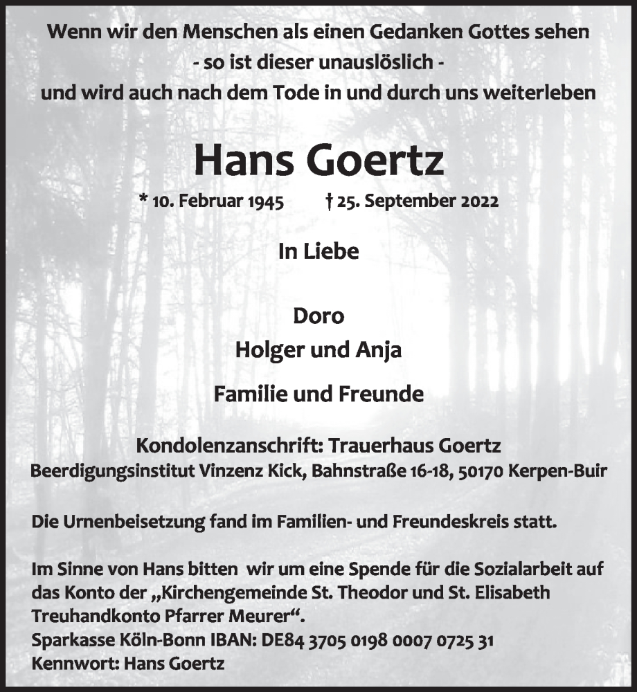  Traueranzeige für Hans Goertz vom 21.10.2022 aus  Werbepost 