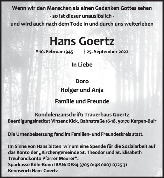Anzeige von Hans Goertz von  Werbepost 