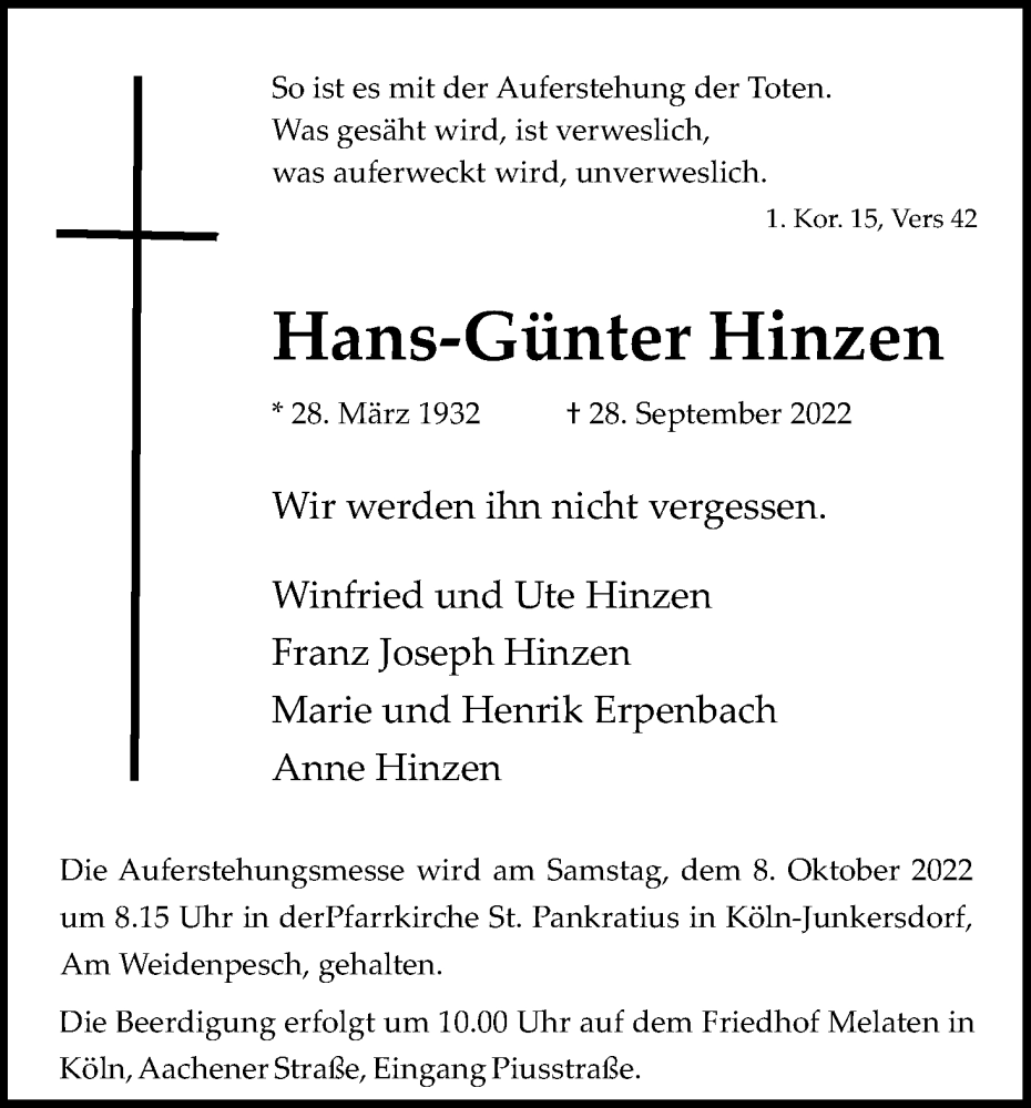  Traueranzeige für Hans-Günter Hinzen vom 01.10.2022 aus Kölner Stadt-Anzeiger / Kölnische Rundschau / Express