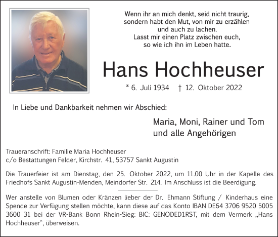 Anzeige von Hans Hochheuser von Kölner Stadt-Anzeiger / Kölnische Rundschau / Express