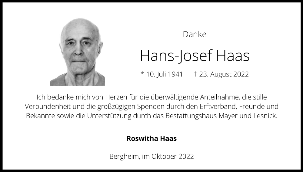 Traueranzeige für Hans-Josef Haas vom 29.10.2022 aus Kölner Stadt-Anzeiger / Kölnische Rundschau / Express