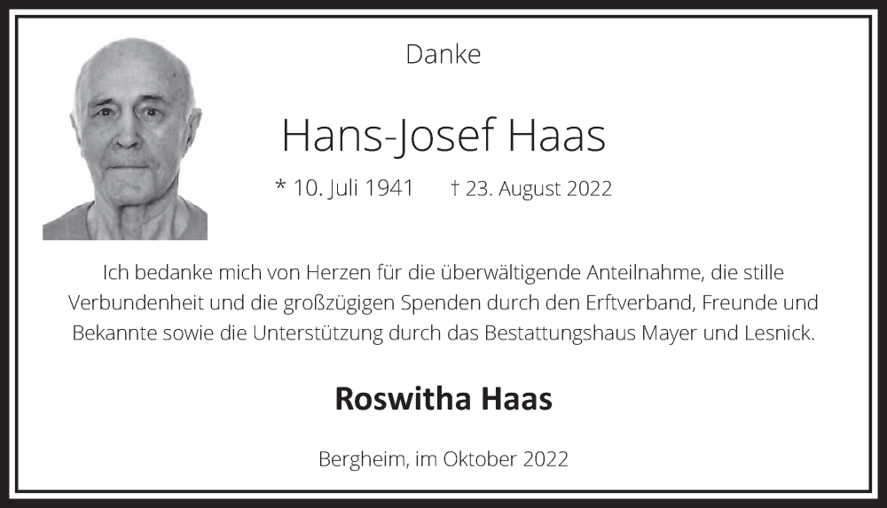  Traueranzeige für Hans-Josef Haas vom 28.10.2022 aus  Werbepost 