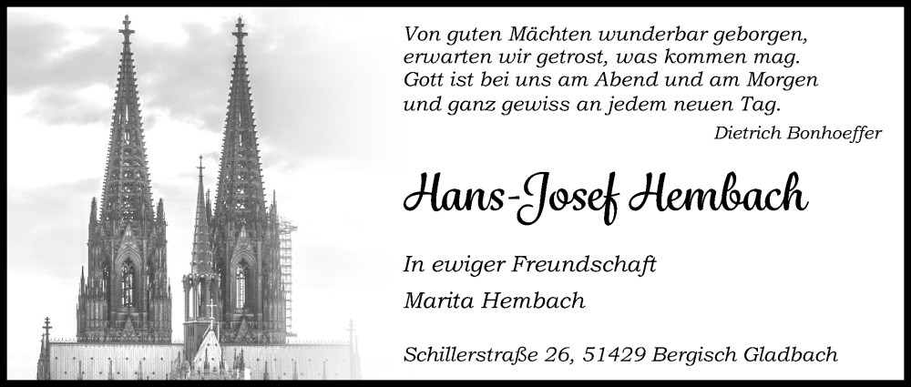  Traueranzeige für Hans-Josef Hembach vom 22.10.2022 aus Kölner Stadt-Anzeiger / Kölnische Rundschau / Express