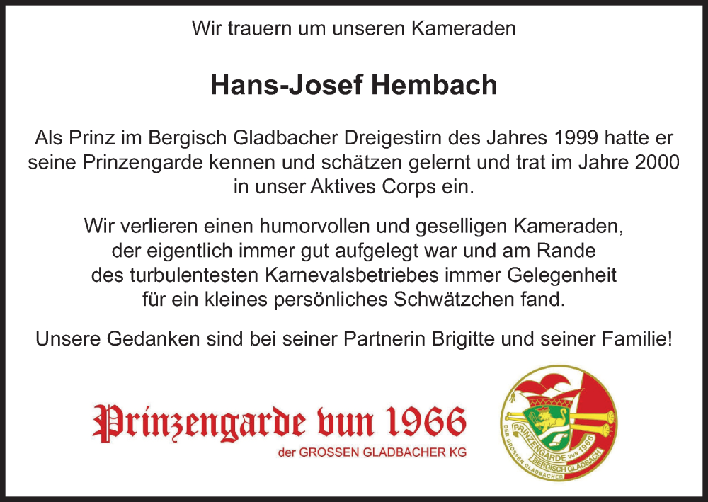  Traueranzeige für Hans-Josef Hembach vom 22.10.2022 aus Kölner Stadt-Anzeiger / Kölnische Rundschau / Express