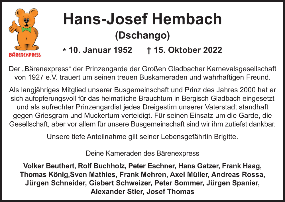  Traueranzeige für Hans-Josef Hembach vom 29.10.2022 aus Kölner Stadt-Anzeiger / Kölnische Rundschau / Express