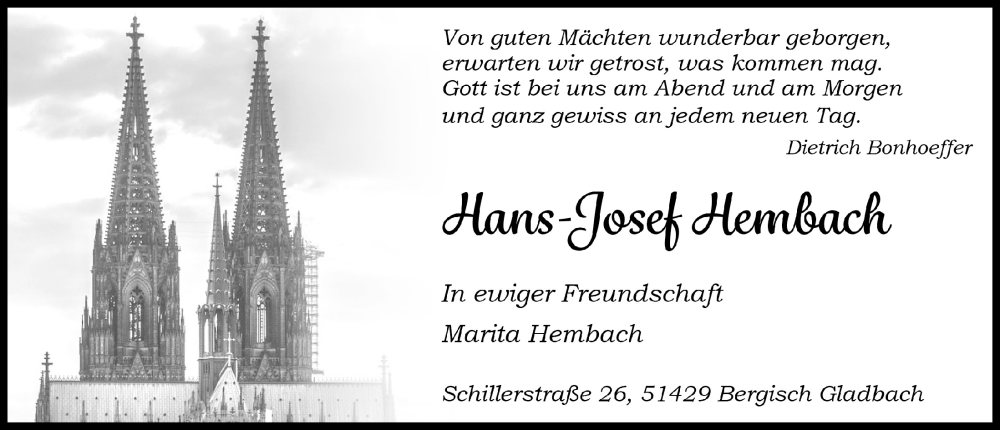  Traueranzeige für Hans-Josef Hembach vom 21.10.2022 aus  Bergisches Handelsblatt 
