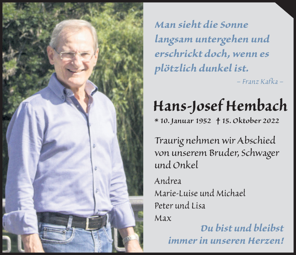  Traueranzeige für Hans-Josef Hembach vom 29.10.2022 aus Kölner Stadt-Anzeiger / Kölnische Rundschau / Express