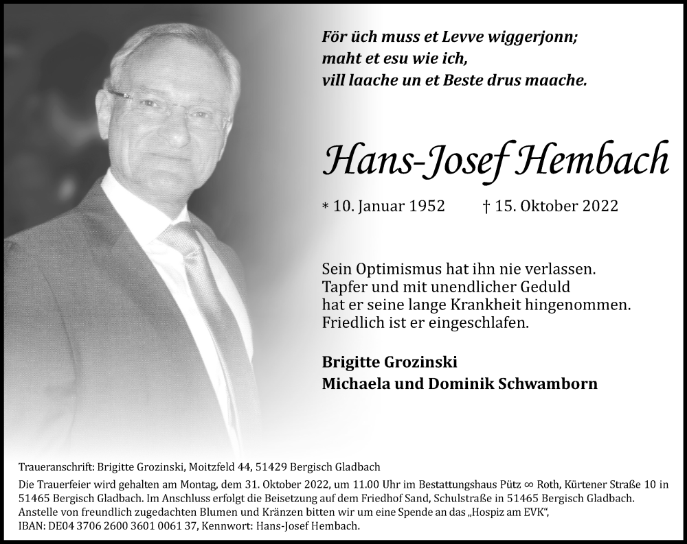  Traueranzeige für Hans-Josef Hembach vom 22.10.2022 aus Kölner Stadt-Anzeiger / Kölnische Rundschau / Express