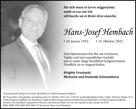 Anzeige von Hans-Josef Hembach von  Bergisches Handelsblatt 