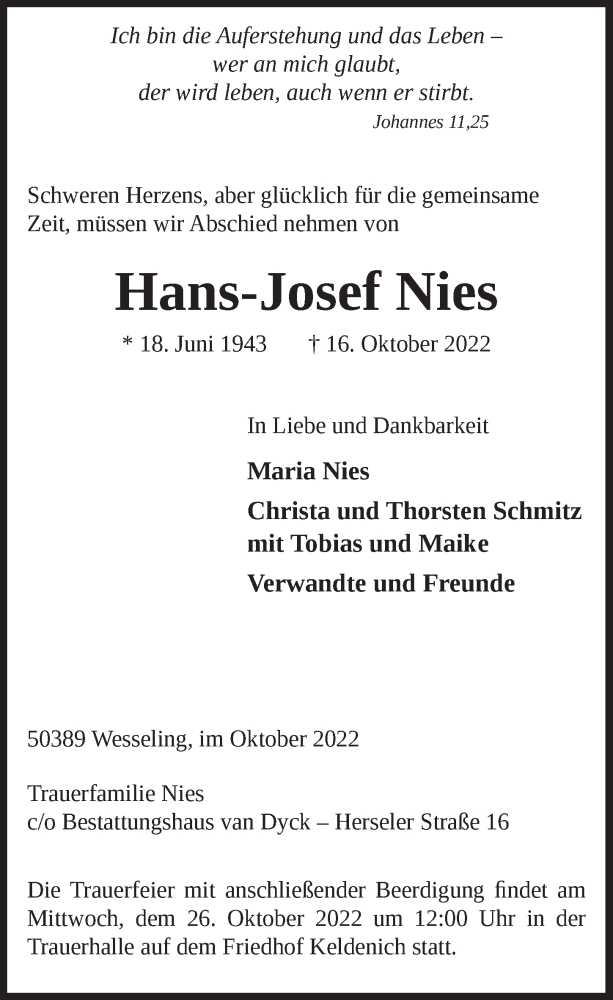  Traueranzeige für Hans-Josef Nies vom 21.10.2022 aus  Schlossbote/Werbekurier 