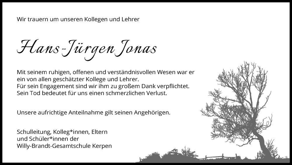  Traueranzeige für Hans-Jürgen Jonas vom 19.10.2022 aus Kölner Stadt-Anzeiger / Kölnische Rundschau / Express