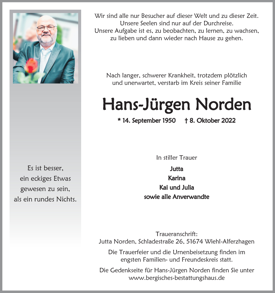  Traueranzeige für Hans-Jürgen Norden vom 15.10.2022 aus Kölner Stadt-Anzeiger / Kölnische Rundschau / Express