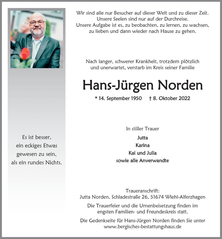  Traueranzeige für Hans-Jürgen Norden vom 14.10.2022 aus  Anzeigen Echo 