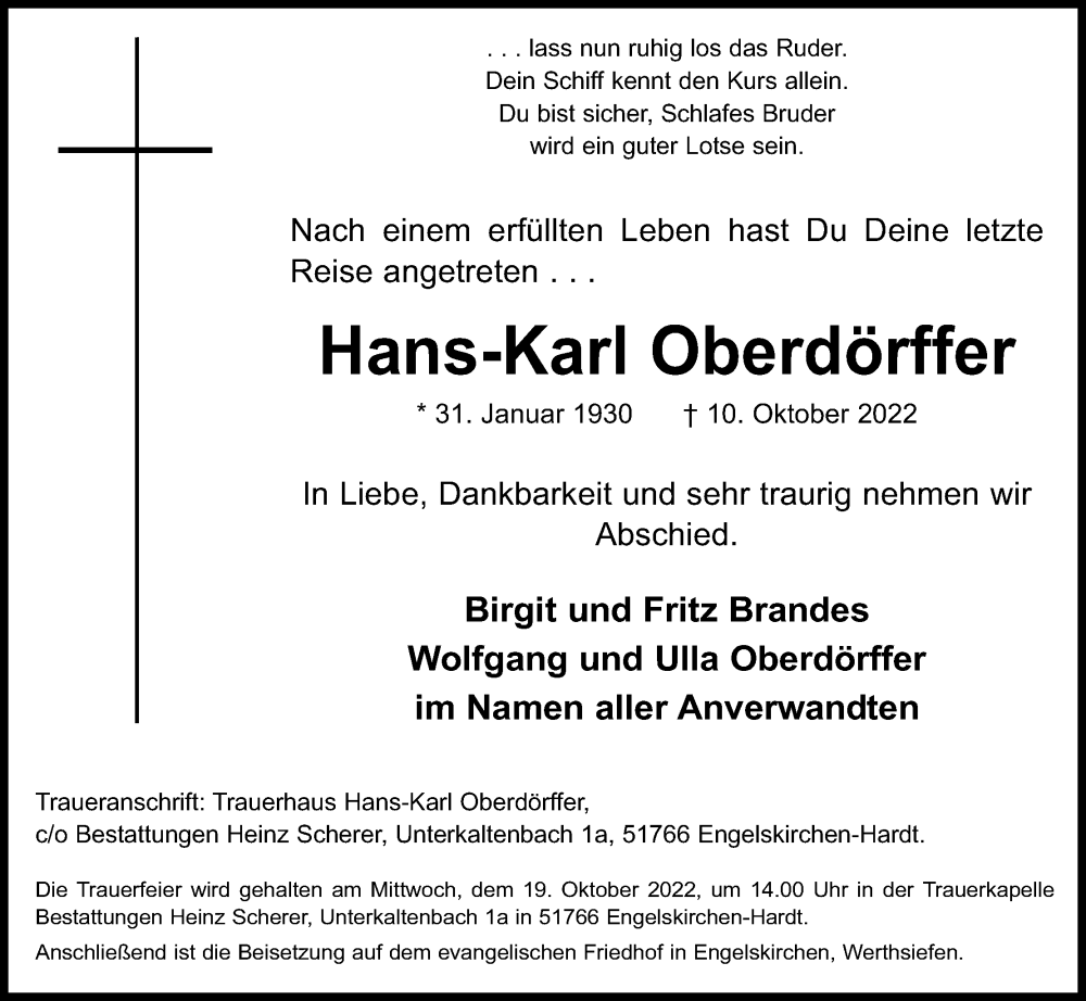  Traueranzeige für Hans-Karl Oberdörffer vom 15.10.2022 aus Kölner Stadt-Anzeiger / Kölnische Rundschau / Express