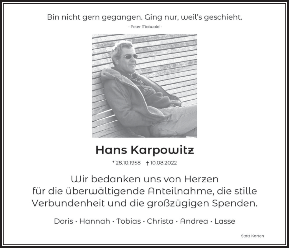  Traueranzeige für Hans Karpowitz vom 07.10.2022 aus  Werbepost 