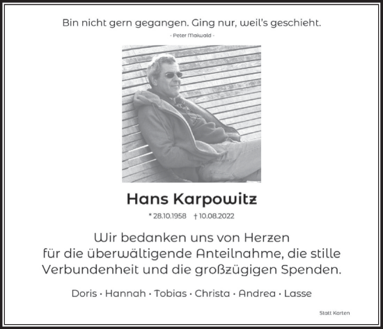 Anzeige von Hans Karpowitz von  Werbepost 