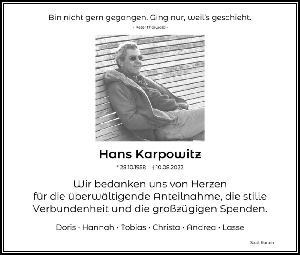  Traueranzeige für Hans Karpowitz vom 08.10.2022 aus Kölner Stadt-Anzeiger / Kölnische Rundschau / Express