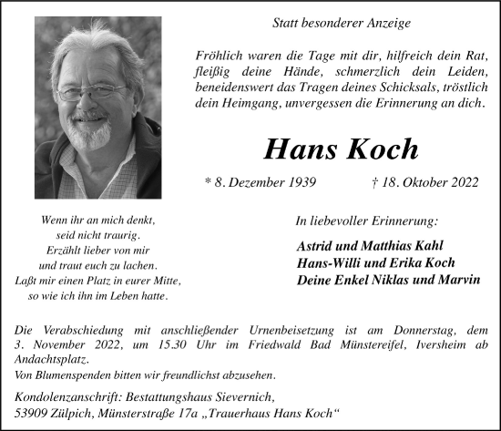 Anzeige von Hans Koch von  Blickpunkt Euskirchen 