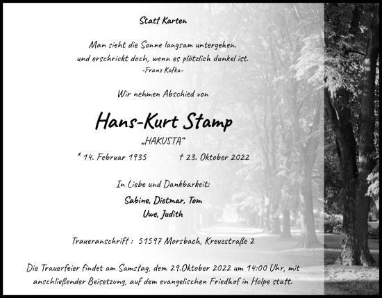 Anzeige von Hans-Kurt Stamp von Kölner Stadt-Anzeiger / Kölnische Rundschau / Express