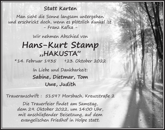 Anzeige von Hans-Kurt Stamp von  Lokalanzeiger 