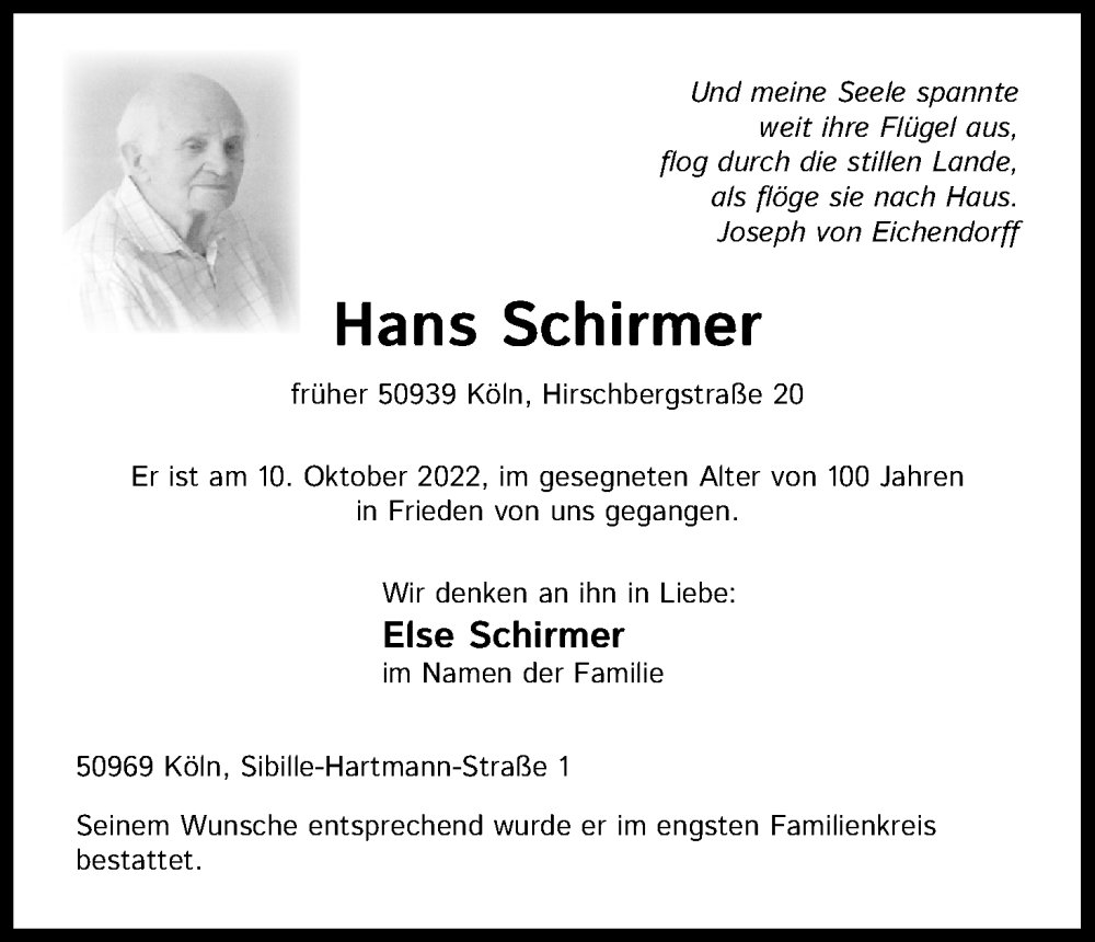  Traueranzeige für Hans Schirmer vom 22.10.2022 aus Kölner Stadt-Anzeiger / Kölnische Rundschau / Express