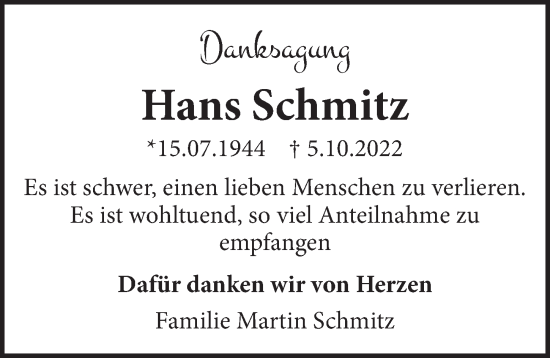 Anzeige von Hans Schmitz von  Bergisches Handelsblatt 